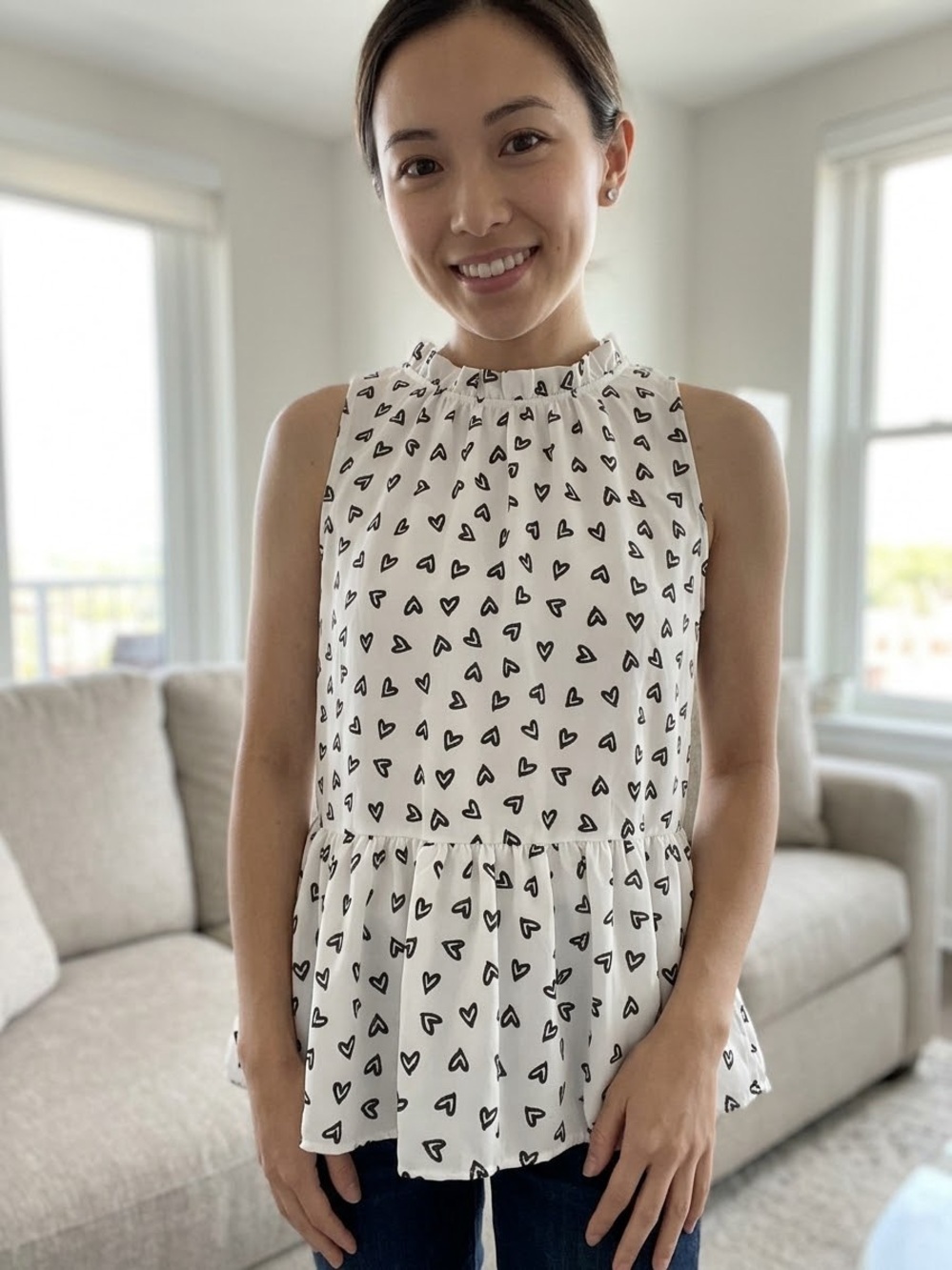 Loft Size Small Sleeveless White Heart-Print Peplum Top